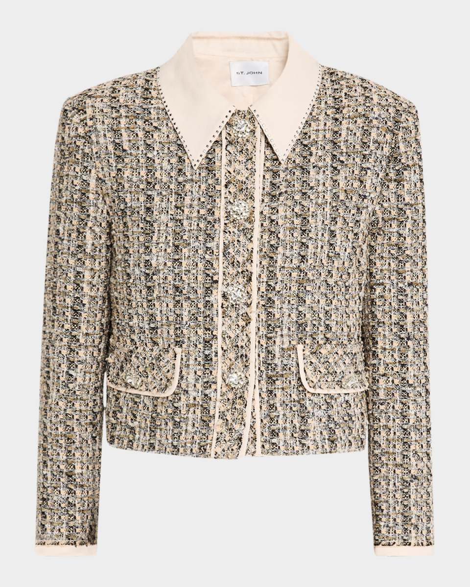 Stud-Collar Metallic Tweed Collage Jacket